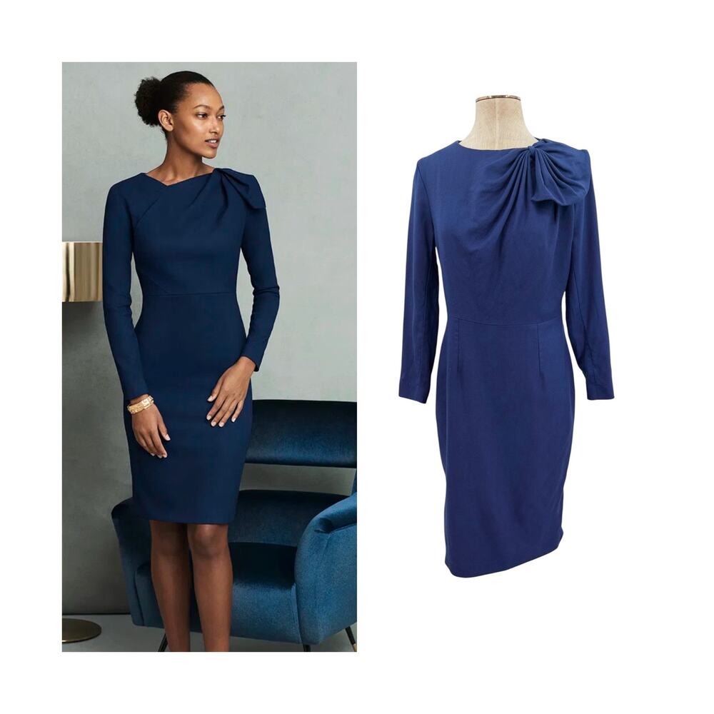 The Fold Melrose Dress Virgin Wool Bow Sheath Career Navy UK 12 US 8